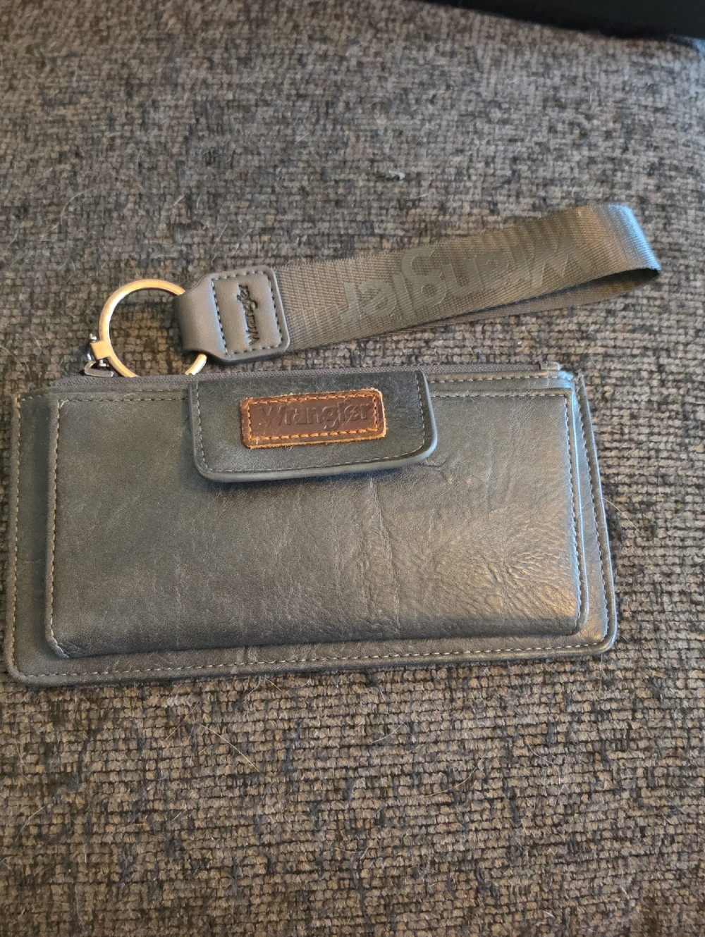 Wrangler Gray Leather Wristlet with Brown Logo Patch